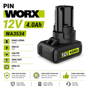 Sạc WA3803 12V 3A & Pin Worx WA3534 - Worx 12V 4A Chính Hãng ( Bảo Hành 12 Tháng ) 1 Đổi 1