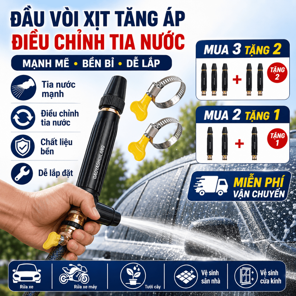 Đầu Vòi Xịt Tăng Áp Điều Chỉnh Tia Nước | Đầu Phun Nước Rửa Xe, Tưới Cây | Dễ Lắp Đặt