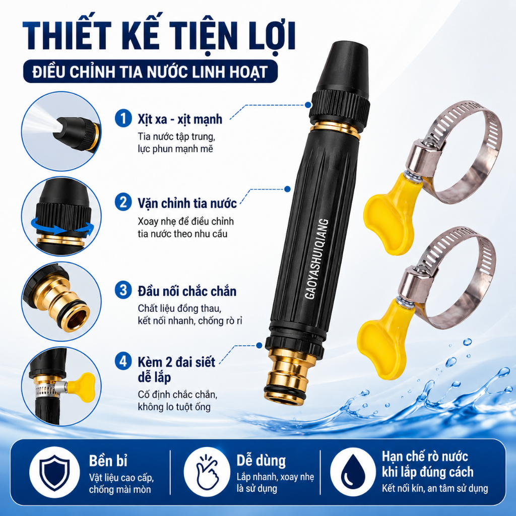 Đầu Vòi Xịt Tăng Áp Điều Chỉnh Tia Nước | Đầu Phun Nước Rửa Xe, Tưới Cây | Dễ Lắp Đặt
