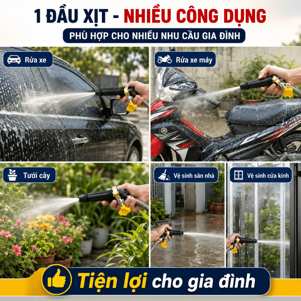 Đầu Vòi Xịt Tăng Áp Điều Chỉnh Tia Nước | Đầu Phun Nước Rửa Xe, Tưới Cây | Dễ Lắp Đặt