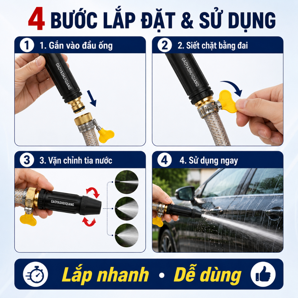 Đầu Vòi Xịt Tăng Áp Điều Chỉnh Tia Nước | Đầu Phun Nước Rửa Xe, Tưới Cây | Dễ Lắp Đặt