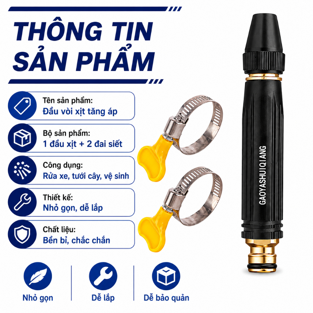 Đầu Vòi Xịt Tăng Áp Điều Chỉnh Tia Nước | Đầu Phun Nước Rửa Xe, Tưới Cây | Dễ Lắp Đặt