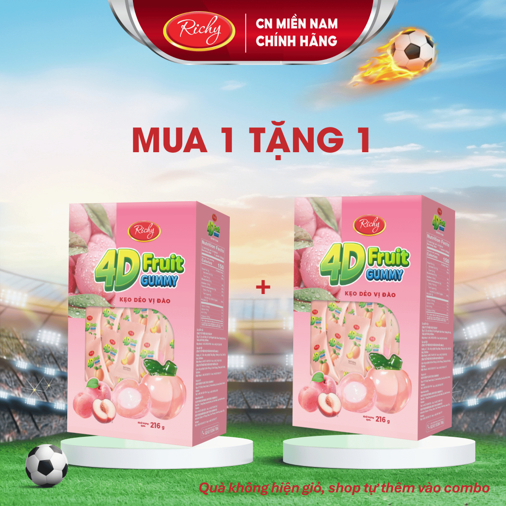 [MUA 1 TẶNG 1]Kẹo Dẻo Richy 4D Fruit Gummies 216g Sốt Trái Cây Tươi Vị Đào/ Xoài Ngọt Ngào