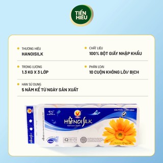 Giấy Vệ Sinh HaNoi Silk Xanh Dương 3 Lớp, Bịch 10 Cuộn Không Lõi Mềm Mịn, Tan Ngay Trong Nước