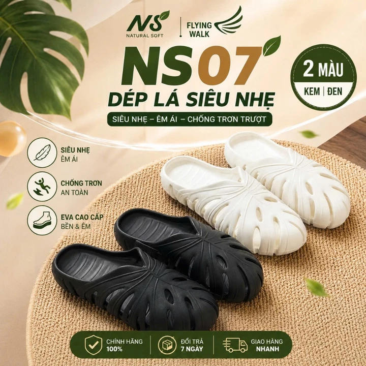 Dép Lá NS07 Dép Sục Nam Nữ EVA Siêu Nhẹ Đúc Nguyên Khối Chống Nước Êm Chân