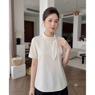 Áo sơ mi lụa cổ nơ phối màu thiết kế