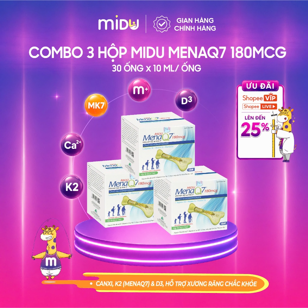 COMBO 3 Midu MenaQ7 180mcg– Bổ Sung Canxi, Hỗ Trợ Phát Triển Chiều Cao