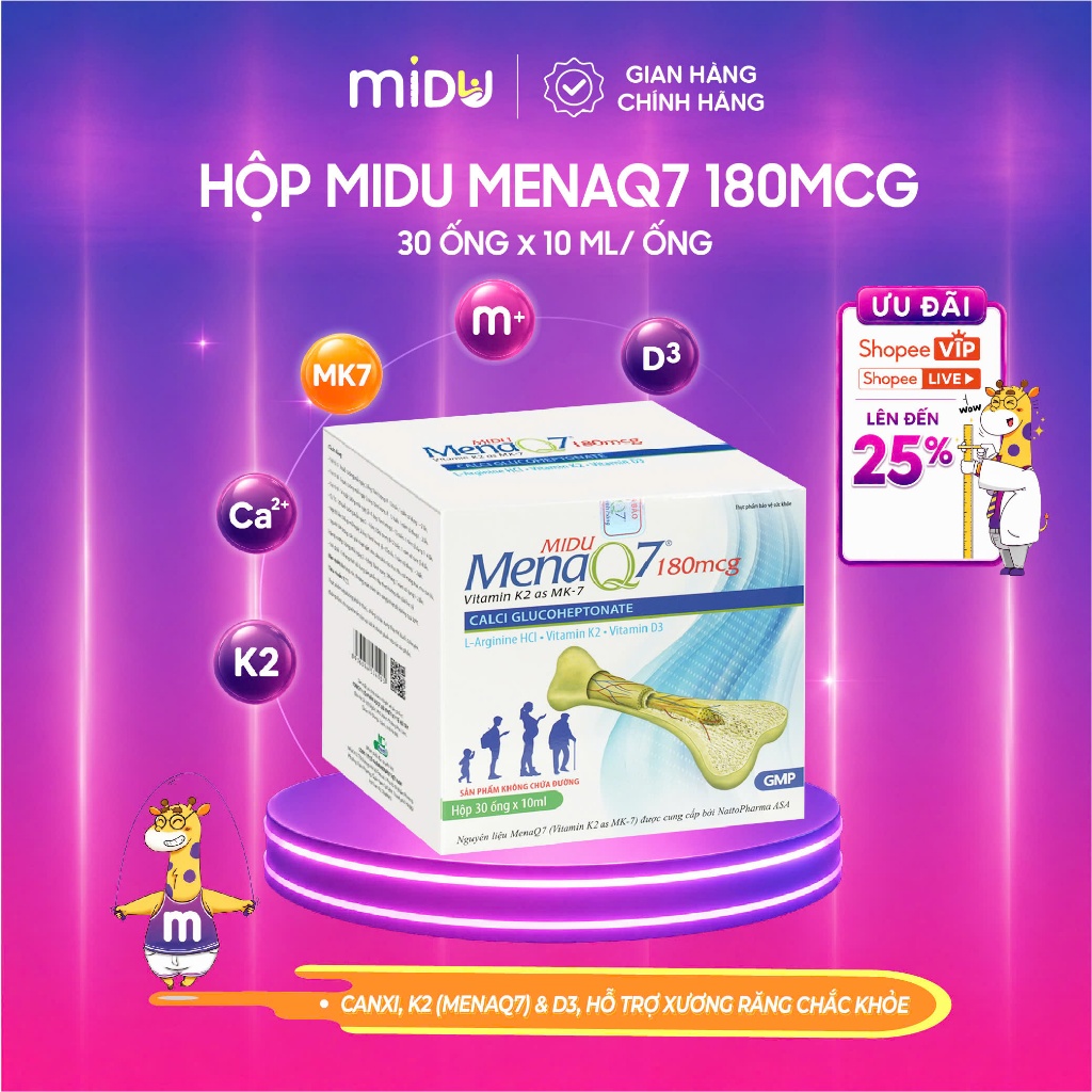 Midu MenaQ7 180mcg– Bổ Sung Canxi, Hỗ Trợ Phát Triển Chiều Cao, Xương Chắc Khỏe