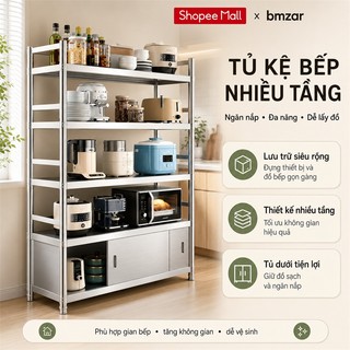 Kệ inox nhà bếp Cao Cấp Để Sàn có hàng rào Tủ Bếp Inox Chịu Lực Tốt Mỗi tầng có 2 thanh đỡ