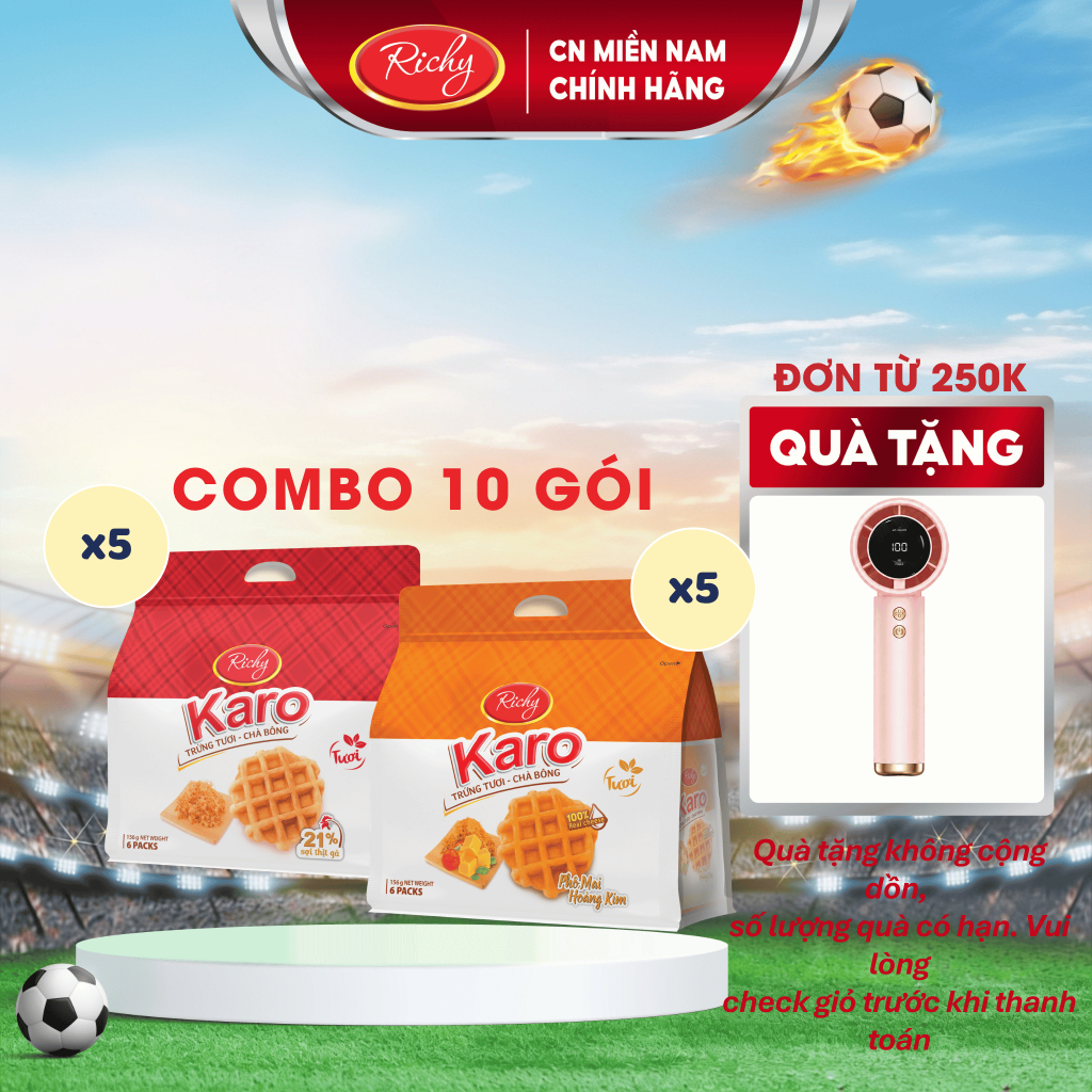 [TẶNG QUẠT ĐƠN TỪ 250K]  Combo 10 Bịch Bánh Richy trứng tươi Karo chà bông sợi gà, phô mai hoàng kim