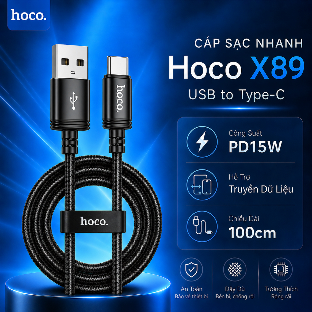 Cáp sạc PD15W Hoco X89 USB to Type-C dùng cho 15 trở lên/Android đầu sạc chống gãy gập dài 1M