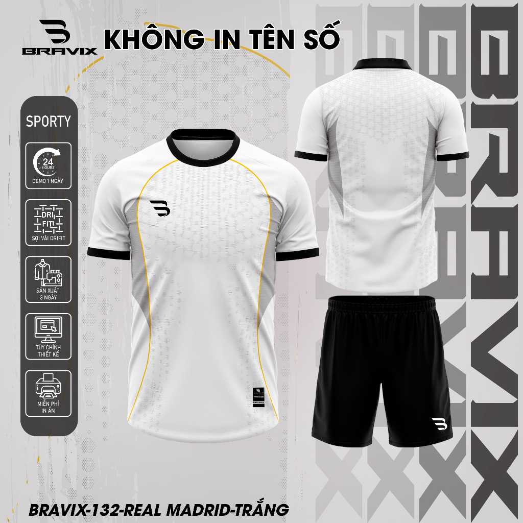 Bravix Bộ Quần Áo Bóng Thiết Kế - BST REAL MADRID Concept  - Chất Liệu VẢI MÈ CARO DRIFIT Cao Cấp Thấm Hút Mồ Hôi Tốt Si