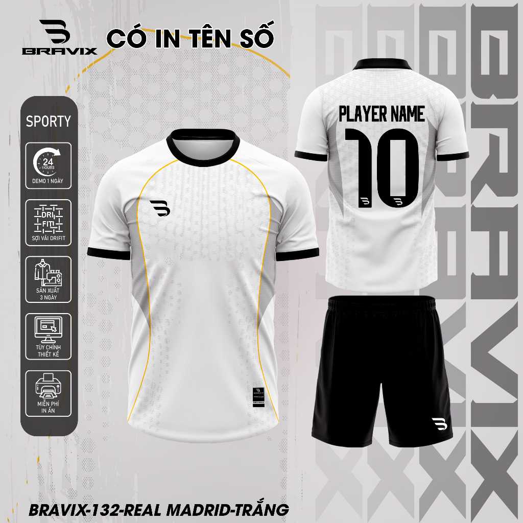 Bravix Bộ Quần Áo Bóng Thiết Kế - BST REAL MADRID Concept  - Chất Liệu VẢI MÈ CARO DRIFIT Cao Cấp Thấm Hút Mồ Hôi Tốt Si