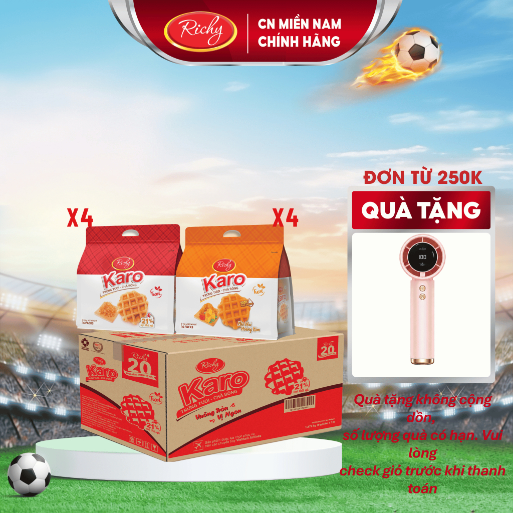 [TẶNG QUẠT ĐƠN TỪ 250K]  Combo 8 bịch Bánh Karo chà bông sợi gà, Bánh tươi, Bánh kẹo Richy, HSD 45 ngày - cân nhắ