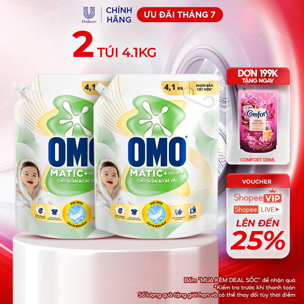Combo 2 Nước Giặt OMO Matic Cho Quần Áo Bé Yêu 4,1kg/túi