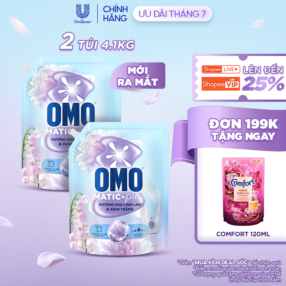 Combo 2 Nước giặt OMO Matic Pure Cửa Trước Hương Linh Lan & Vani Trắng 4.1KG (túi)