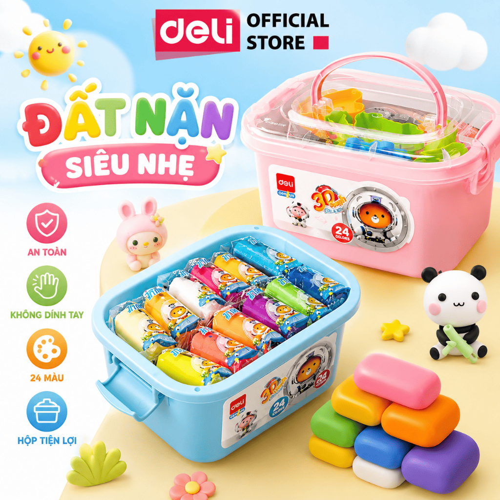 [🔥MUA 3 GIẢM 30%]Đất nặn 12/24 màu Deli Chất Liệu An Toàn Cho Bé Khuôn Kèm Hộp Nhựa Quai Xách Không Mùi Phù Hợp Cho Trẻ