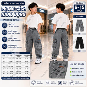 Quần Jeans Cargo Bé Trai 6-15 Tuổi Form Suông Rộng Túi Hộp Cá Tính Chất Denim Mềm Đẹp 2026