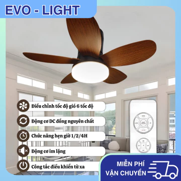 (EVO-M405L) Quạt Trần Đèn Cánh Gỗ Động Cơ DC 6 Cấp Độ Gió, Sải Cánh 66cm, Đèn LED 3 Màu