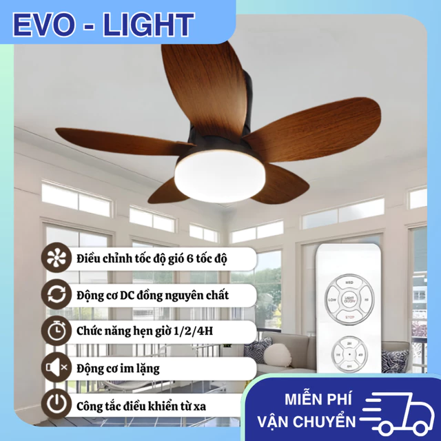 (EVO-M405L) Quạt Trần Đèn Cánh Gỗ Động Cơ DC 6 Cấp Độ Gió, Sải Cánh 66cm, Đèn LED 3 Màu