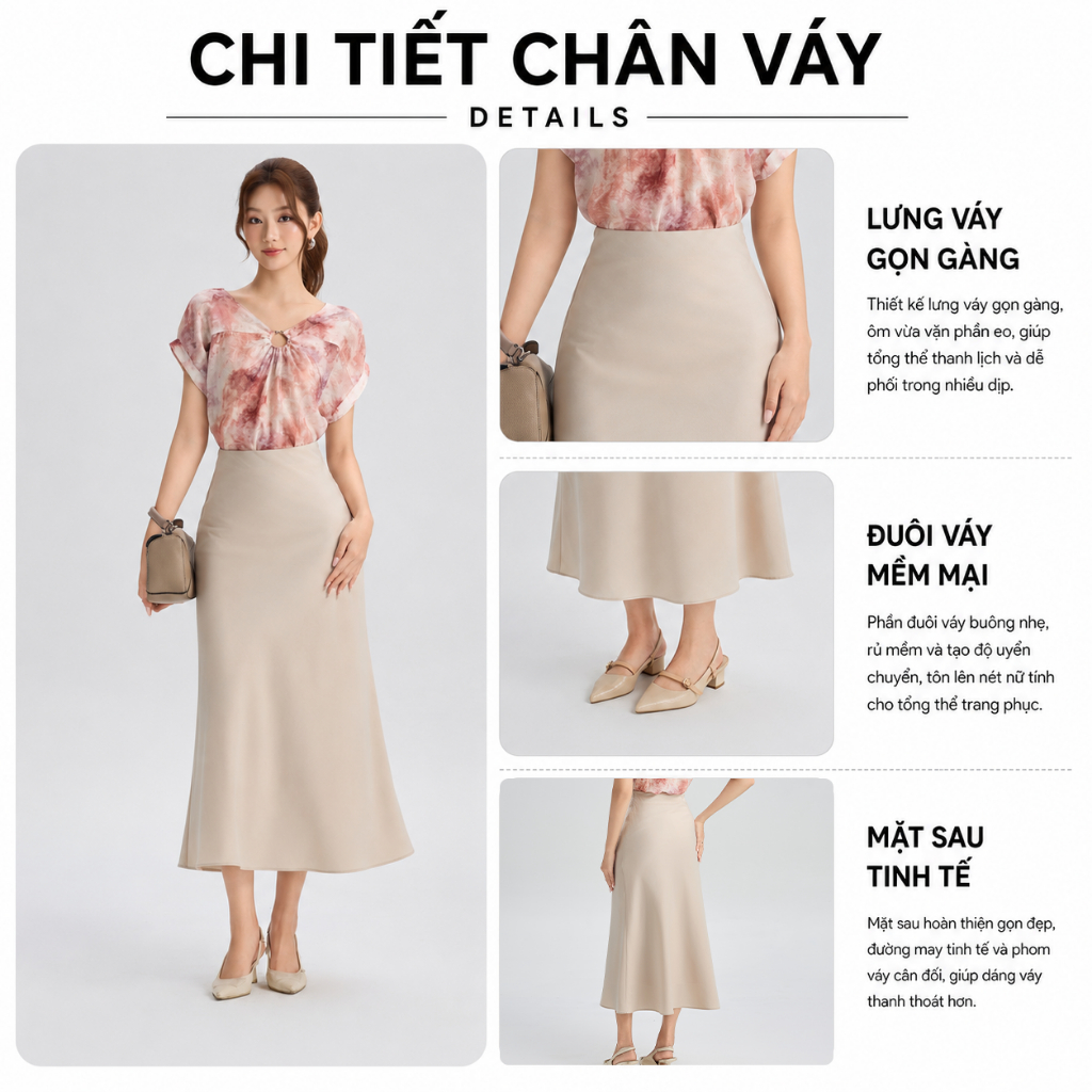 Chân Váy Lụa Đuôi Cá GUMAC Cơ Bản Chất Liệu Lụa Mango Gân Dày Dặn Đứng Form Tôn Dáng LVG0415