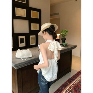 Áo yếm xếp ly dáng lửng hở lưng buộc nơ sau phong cách nhẹ nhàng