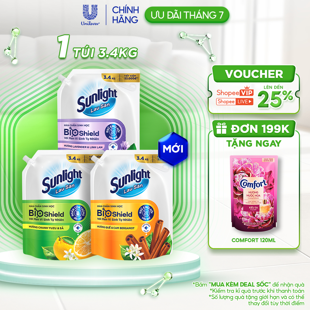 Nước lau sàn cao cấp Sunlight Bioshield Túi 3.4kg | Ngăn côn trùng đến 24h / Khử 5 mùi hôi