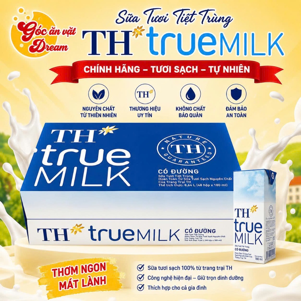 [Chính hãng] Thùng 48 Hộp Sữa Tươi Tiệt Trùng TH True Milk Có Đường, Ít Đường Giàu Canxi Vitamin D3 Không Chất Bảo Quản