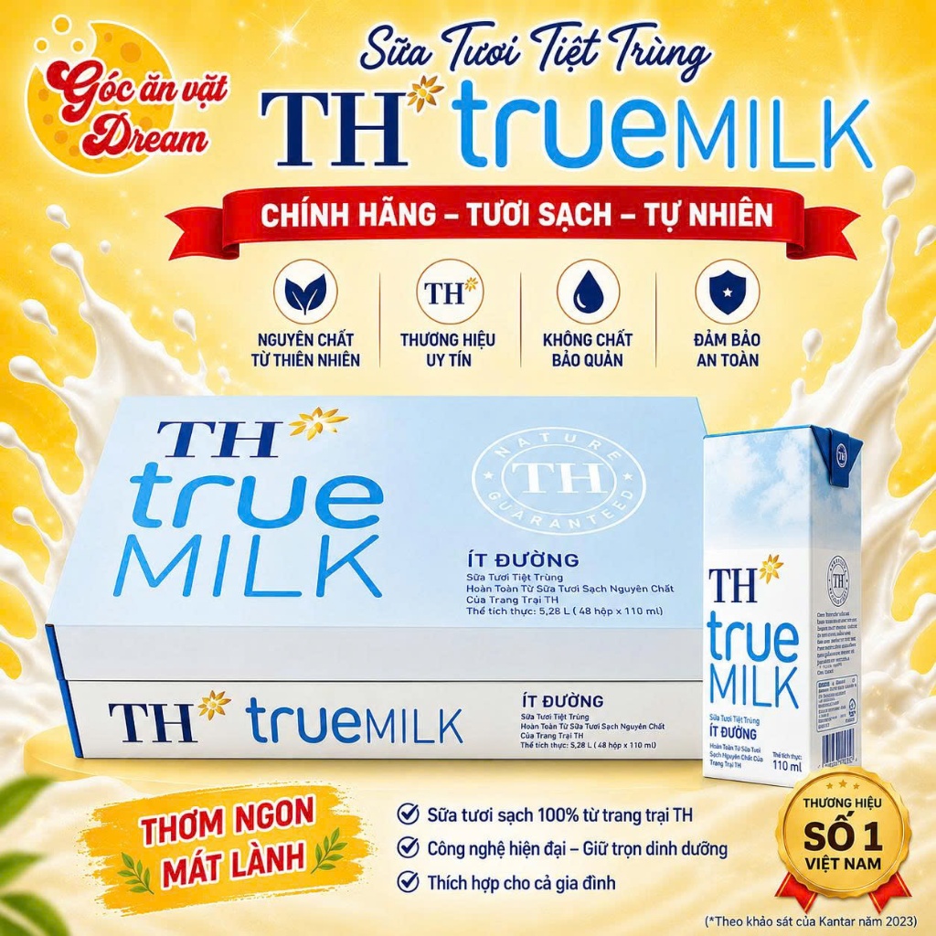 [Chính hãng] Thùng 48 Hộp Sữa Tươi Tiệt Trùng TH True Milk Có Đường, Ít Đường Giàu Canxi Vitamin D3 Không Chất Bảo Quản