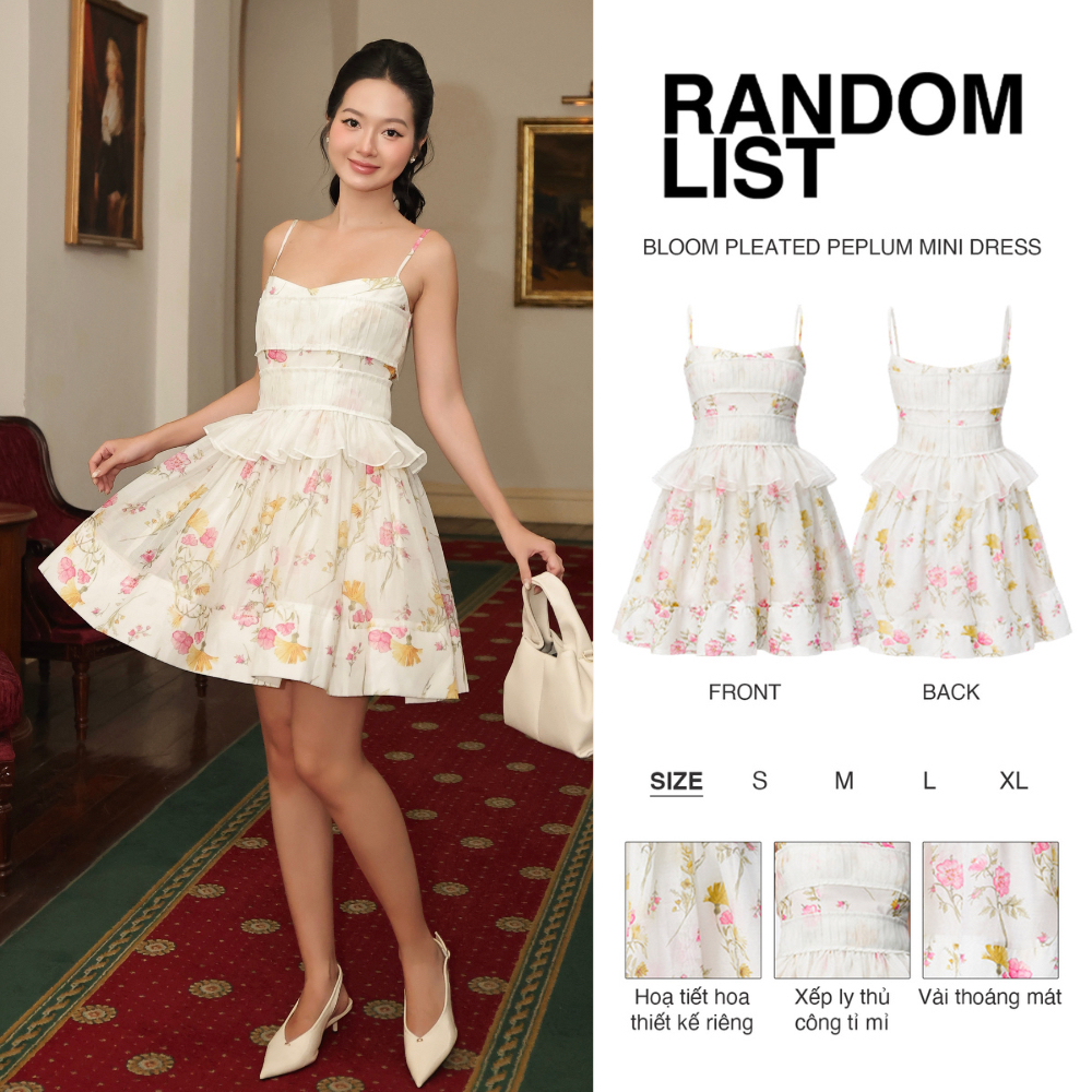 RANDOMLIST - Đầm hai dây xếp ly in hoa dáng ngắn xòe bèo nhún eo tiểu thư - Bloom Pleated Peplum Mini Dress