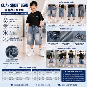Quần Ngố Jean Bé Trai Thêu M Form Rộng Hot Trend Chất Bò Mềm Thoáng Mát Cá Tính 6-15 Tuổi