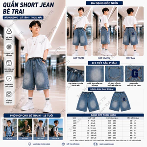 Quần Ngố Jean Bé Trai Form Rộng Thêu G Hot Trend Chất Bò Mềm Thoáng Mát Cá Tính 6-15 Tuổi