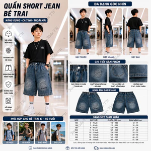 Quần Ngố Jean Bé Trai Form Rộng Hot Trend Chất Bò Mềm Thoáng Mát Cá Tính 6-15 Tuổi
