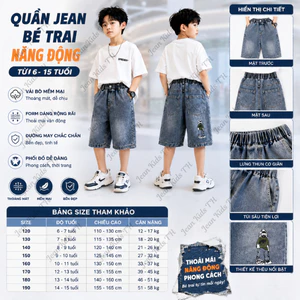 Quần Ngố Jean Bé Trai Form Rộng Thêu Boy Hot Trend Chất Bò Mềm Thoáng Mát Cá Tính 6-15 Tuổi