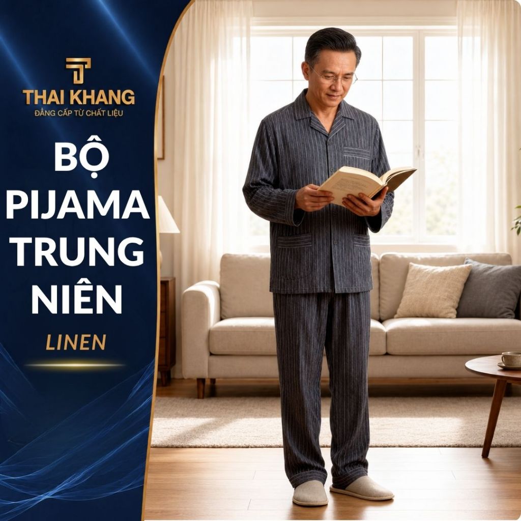 Bộ pijama nam trung niên Thái Khang bộ đồ cho bố mặc nhà vải lenin cao cấp thoáng mát BO53