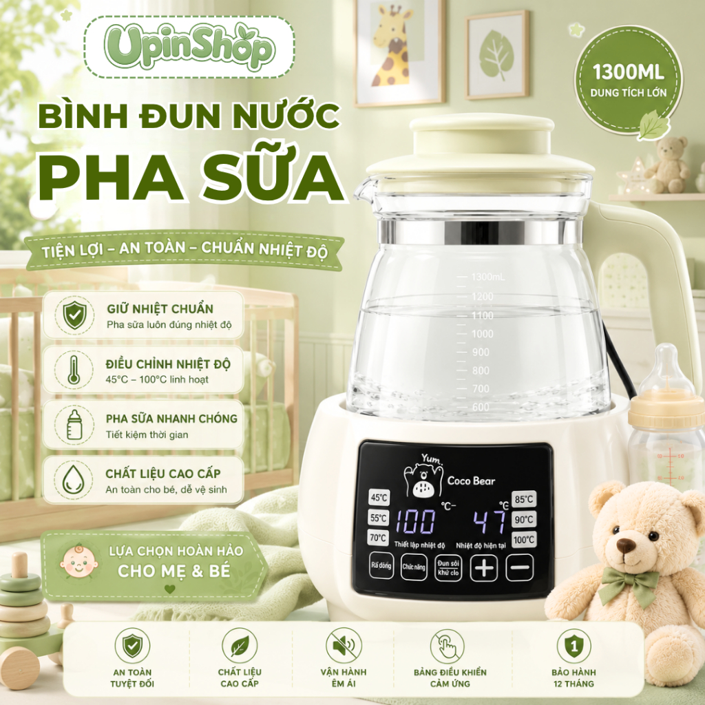 Ấm Đun Nước Pha Sữa CoCo Bear 1,3L Cho Bé - Bình Đun Siêu Tốc, Giữ Nhiệt CCB8801-A - UpinShop