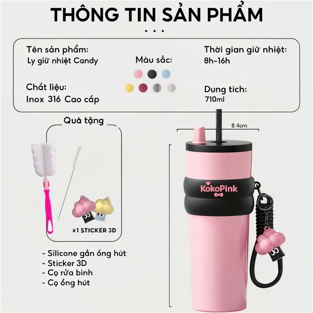 Bình Giữ Nhiệt KokoPink Cao Cấp – Kiểu Dáng Thời Trang, Có Ống Hút, Phù Hợp Cho Bé & Người Lớn, Tặng Kèm Dụng Cụ Vệ Sinh