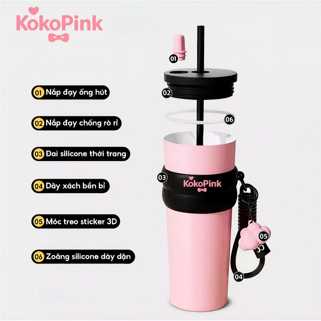 Bình Giữ Nhiệt KokoPink Cao Cấp – Kiểu Dáng Thời Trang, Có Ống Hút, Phù Hợp Cho Bé & Người Lớn, Tặng Kèm Dụng Cụ Vệ Sinh