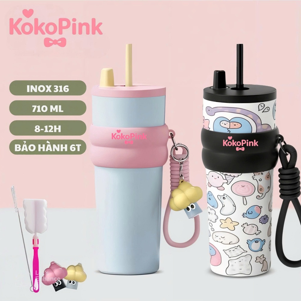 Bình Nước Giữ Nhiệt KokoPink Inox 304 – Dễ Thương, Có Ống Hút & Quai Đeo, Giữ Nóng Lạnh Lâu Tặng Kèm Dụng Cụ Vệ Sinh