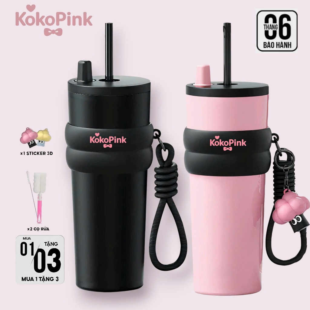 Bình Giữ Nhiệt KokoPink Dáng Ly Cao Cấp – Thiết Kế Cute, Có Ống Hút, Phù Hợp Học Sinh Sinh Viên Tặng Kèm Dụng Cụ Vệ Sinh