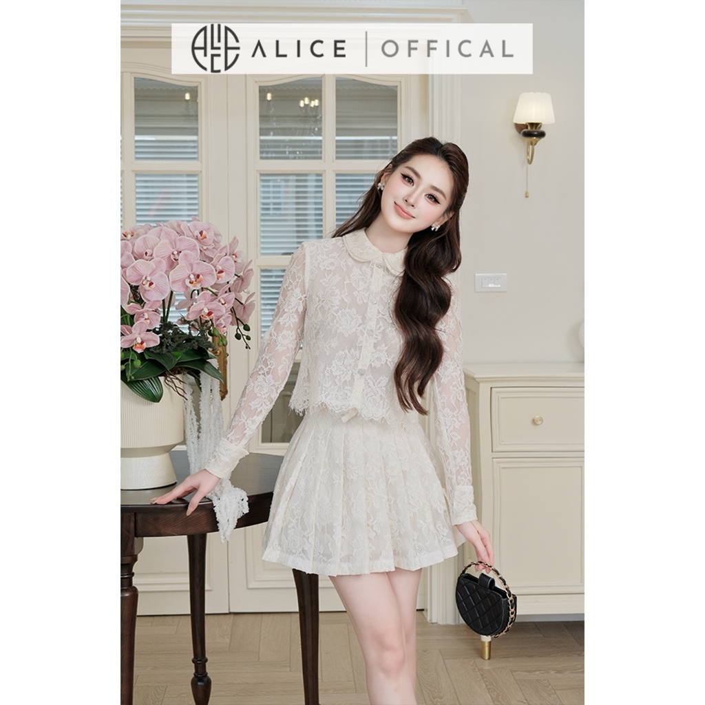 Set Ren Cao Cấp Lót Lụa Thiết Kế Sang Trọng Alice, Bộ Áo Ren Tay Dài Kèm Chân Váy Xếp Ly Tiểu Thư Dự Tiệc S1112