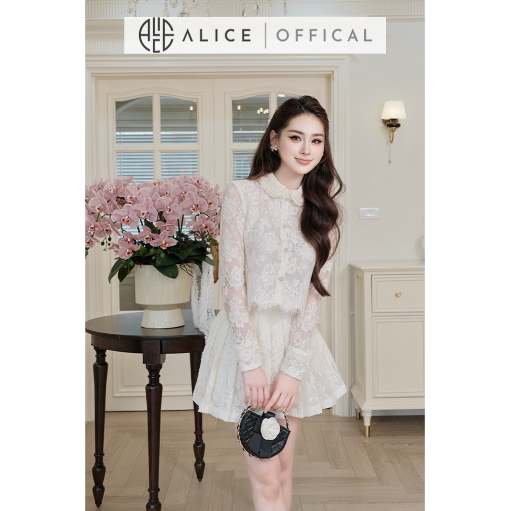 Set Ren Cao Cấp Lót Lụa Thiết Kế Sang Trọng Alice, Bộ Áo Ren Tay Dài Kèm Chân Váy Xếp Ly Tiểu Thư Dự Tiệc S1112