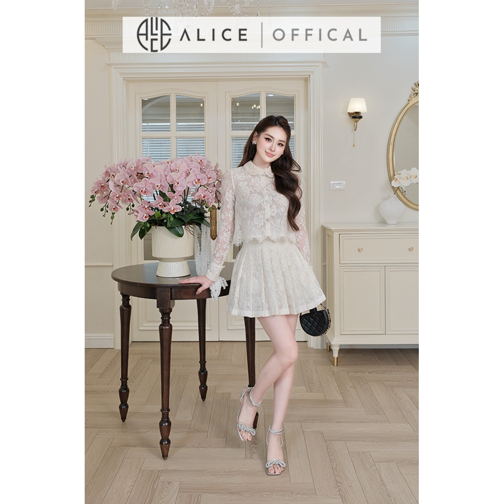 Set Ren Cao Cấp Lót Lụa Thiết Kế Sang Trọng Alice, Bộ Áo Ren Tay Dài Kèm Chân Váy Xếp Ly Tiểu Thư Dự Tiệc S1112