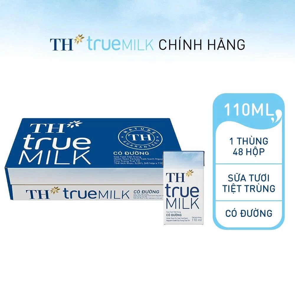 [Chính hãng] Thùng 48 Hộp Sữa Tươi Tiệt Trùng TH True Milk Có Đường, Ít Đường Giàu Canxi Vitamin D3 Không Chất Bảo Quản