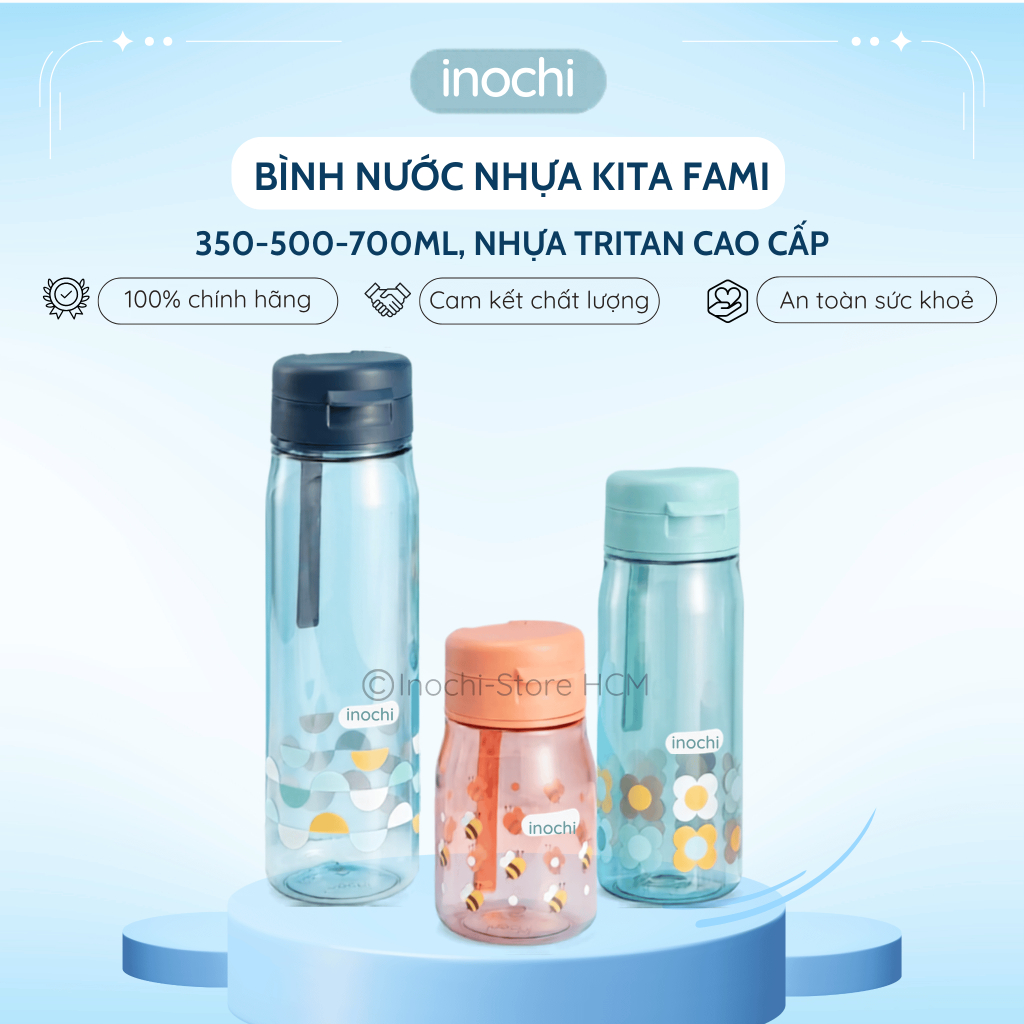 Bình nước Inochi - Kita Fami 350/500/700ml (Nhiều màu) có quai xách, chống tràn tiện lợi