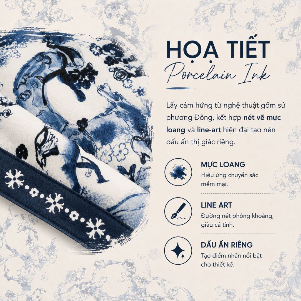 Sơ mi LORIEN họa tiết Porcelain Ink xanh navy nghệ thuật, chất vải Lụa Chéo mềm rũ cao cấp, phối cổ sang trọng - FEAER