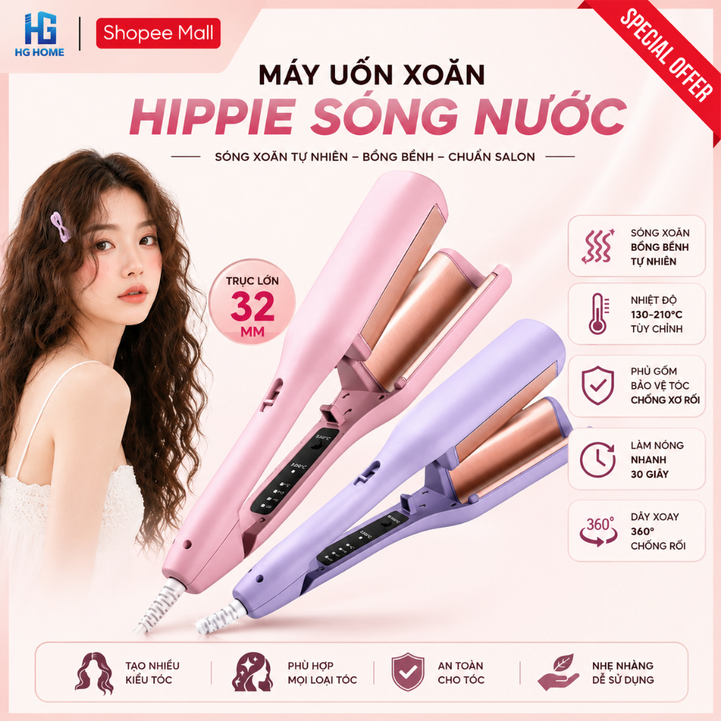 Máy Uốn Tóc Xoăn Hippie Sóng Nước 32mm HGHOME Chất Liệu Gốm Sứ Ceramic Cao Cấp Mẫu Mới 2026