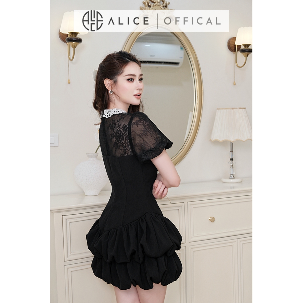 Váy Chéo Ý Phối Ren Cổ Ren Cao Cấp Alice, Đầm Đen Thiết Kế Dáng Bồng Tầng Phong Cách Tiểu Thư Sang Chảnh Dự Tiệc V1491