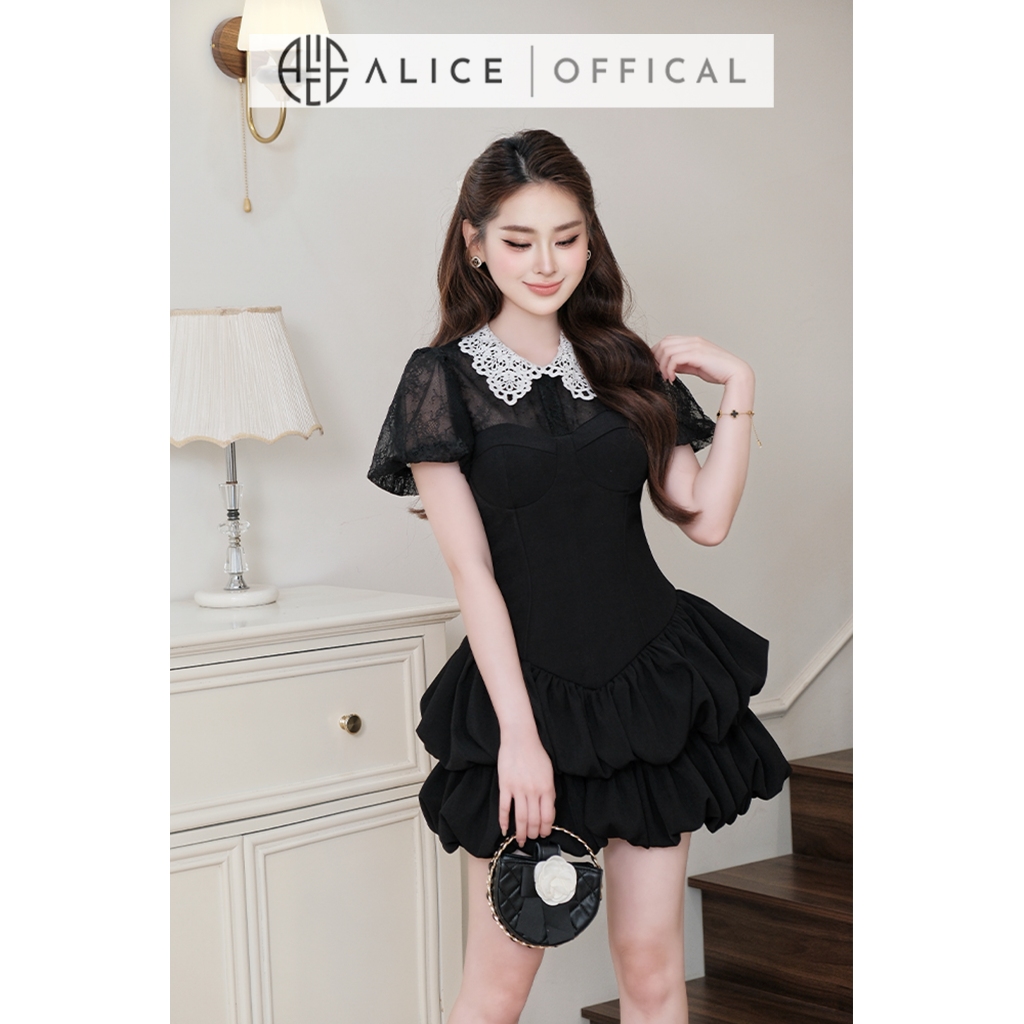 Váy Chéo Ý Phối Ren Cổ Ren Cao Cấp Alice, Đầm Đen Thiết Kế Dáng Bồng Tầng Phong Cách Tiểu Thư Sang Chảnh Dự Tiệc V1491