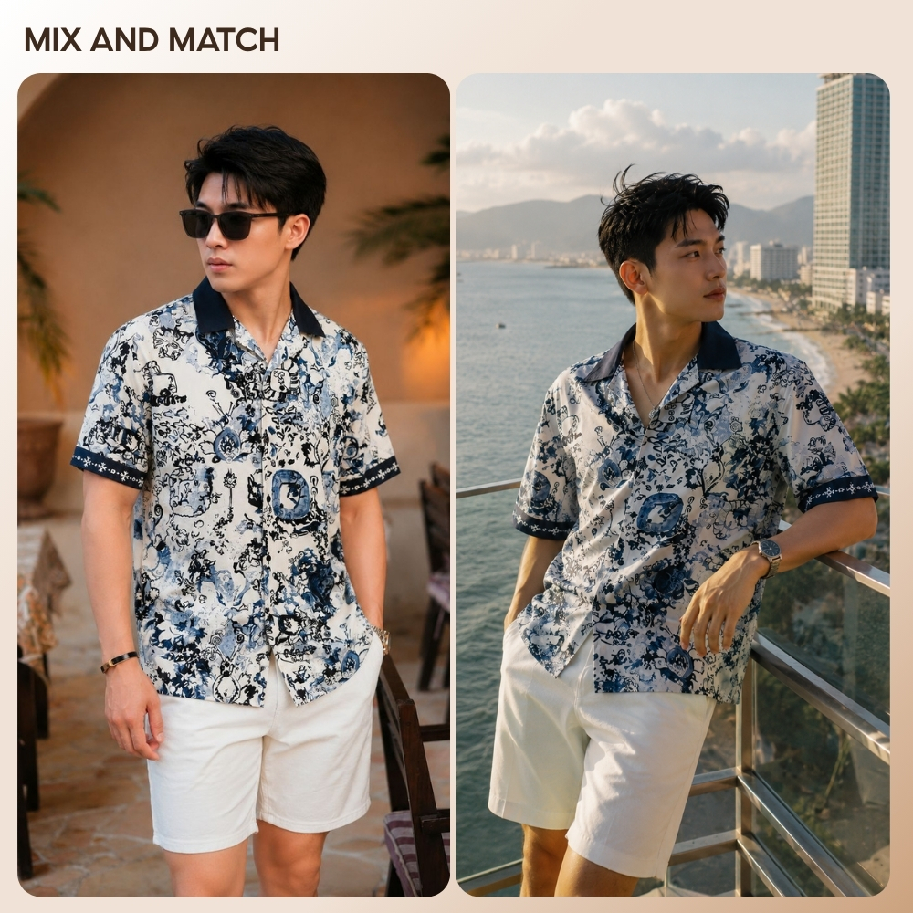 Sơ mi LORIEN họa tiết Porcelain Ink xanh navy nghệ thuật, chất vải Lụa Chéo mềm rũ cao cấp, phối cổ sang trọng - FEAER